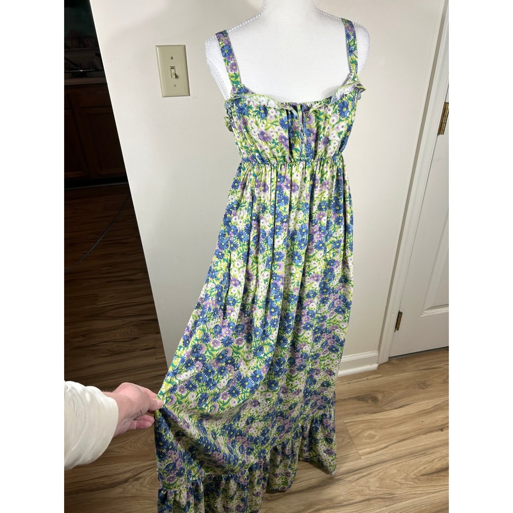 Natural Life Maxi Dress Sz S Blue Floral BOHO Ruffle Ethereal Cottagecore Fairy